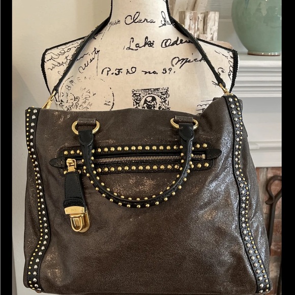 💖PRADA Talco Craquele Leather Gold & Silver Studded Tote Bag. - Picture 11 of 12